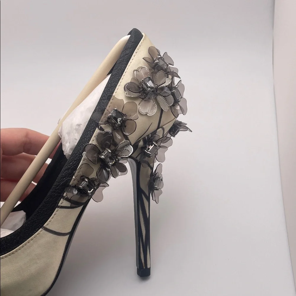 Tory Burch Clancy Black Open Toe Pump satin crystal embellished